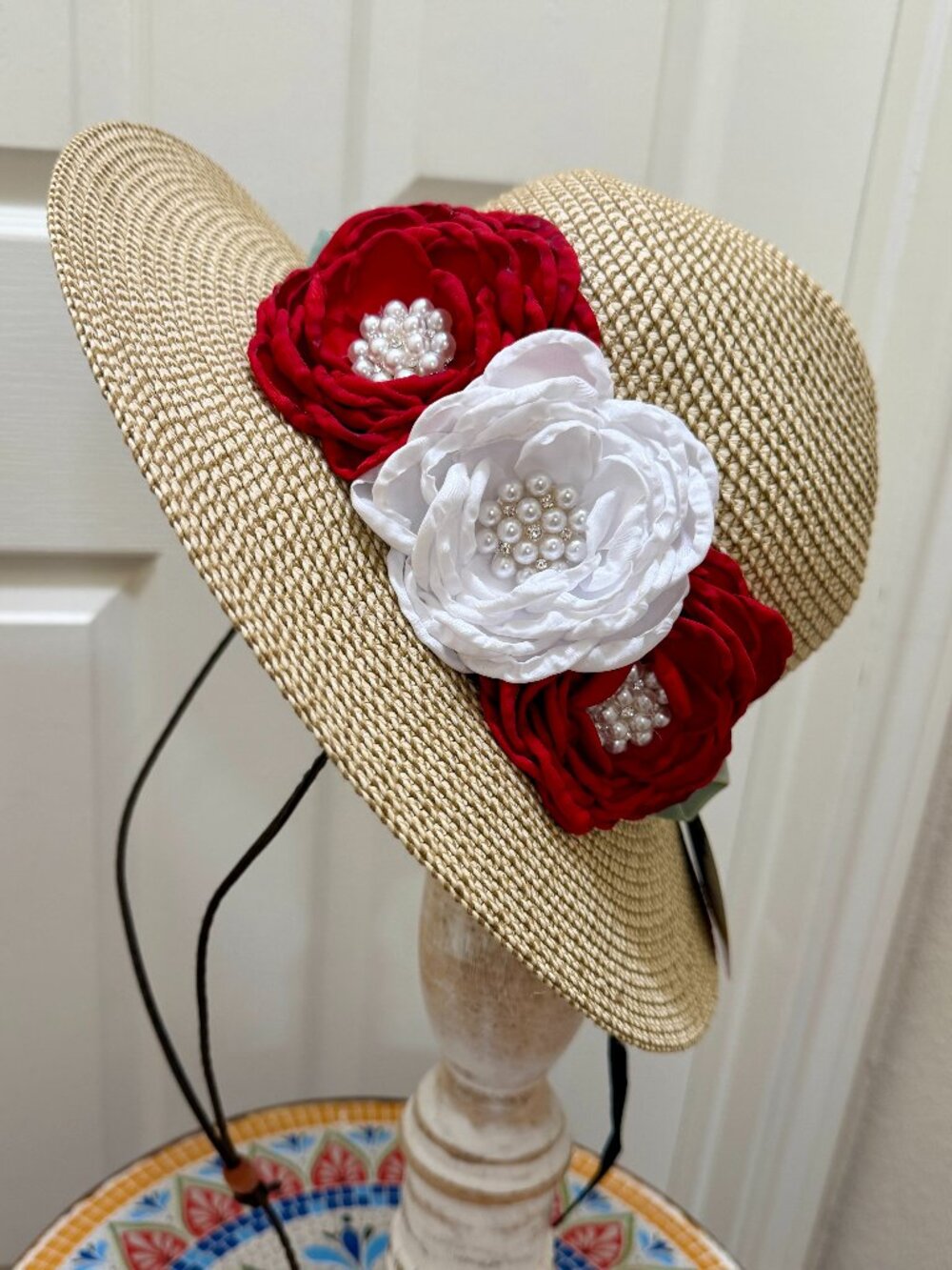 Elegant Women's Tweed Sun Hat With Satin Flowers And Pearls Wedding Tea Party